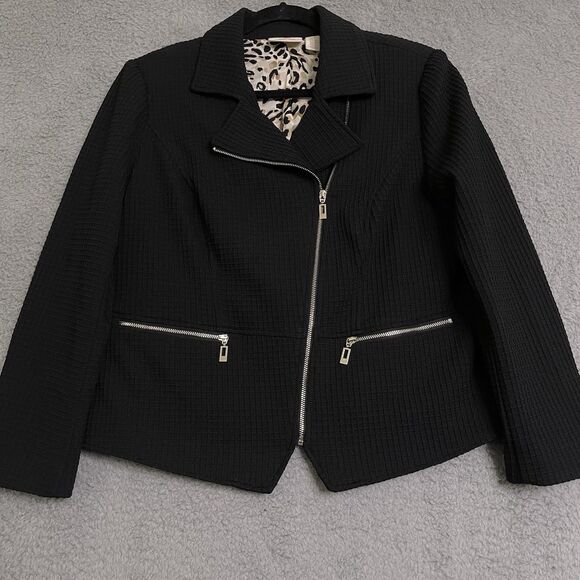 Chicos PM Waffle weave moto jacket Asymmetrical zipper leopard lined stretch - Picture 1 of 10